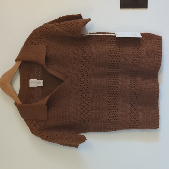 Joie Pointelle Crochet Knit Collared Short Sleeve Sweater - Picture 1 of 5